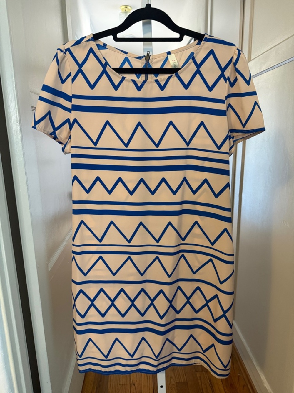 Blue & Cream Geometric Short Sleeve Shift Dress